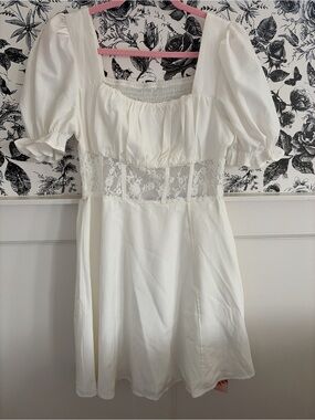 SHEIN White Lace Paneled Mini Dress with Puff Sleeves